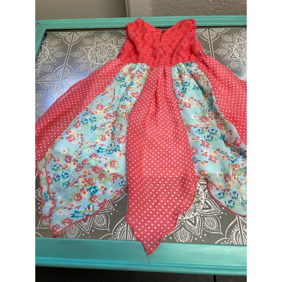 Blueberi Boulevard 3T Dress Peach Crocheted Bodice with Floral and Polka Dots - Picture 3 of 4